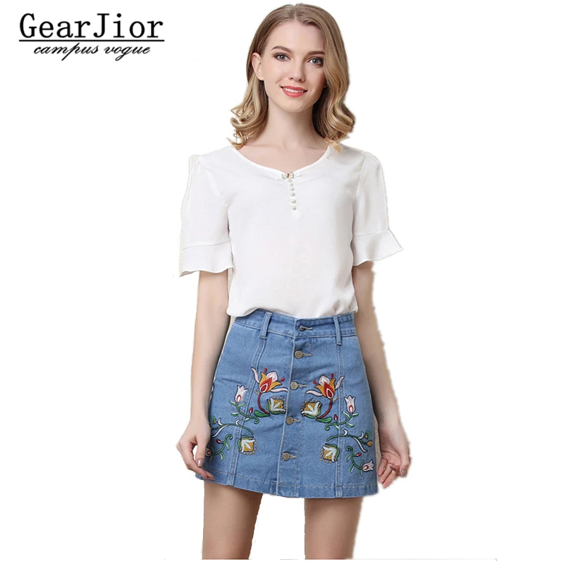 2017 new women's summer single-breasted denim skirts Flowers embroidery woman high waist A line skirt S-3XL | Женская одежда