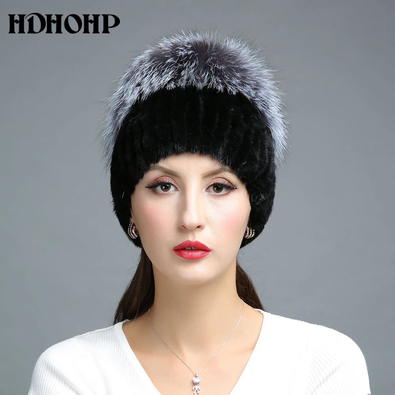 HDHOHR Горячая зима реального меховая шапка Для женщин из натуральной норки Шапки с Silver Fox меховой вязаные шапочки модные женские туфли с мехом шапки
