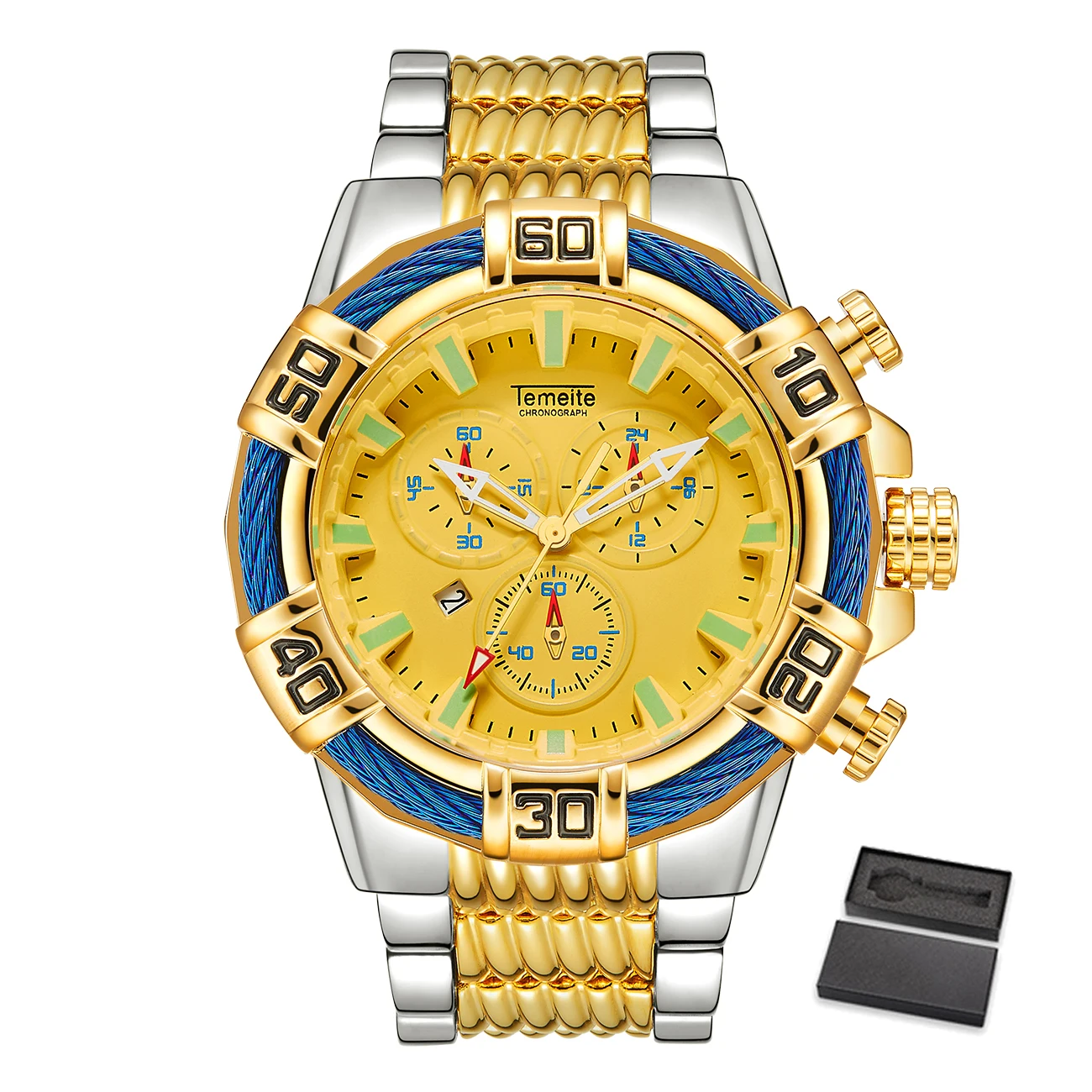 Relogio Dourado Temeite мужские часы Бизнес Кварцевые часы Роскошные Большой Циферблат Водонепроницаемые Военные Наручные часы - Цвет: Temeite 6 with box