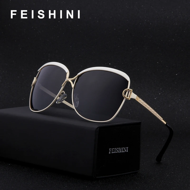 FEISHINI, белые, высокое качество, модные, для вождения, Oculos De Sol Feminino, большая оправа, металл, Винтажные Солнцезащитные очки, для женщин, Поляризованные, бренд