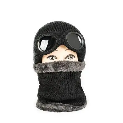 MAERSHEI зимняя вязаная шапка Skullies, очки, шапки, шарфы, плюс бархатная Толстая Кепка, велосипедная ветрозащитная защита для ушей для мужчин и женщин, теплая ветрозащитная шапка - Цвет: Black
