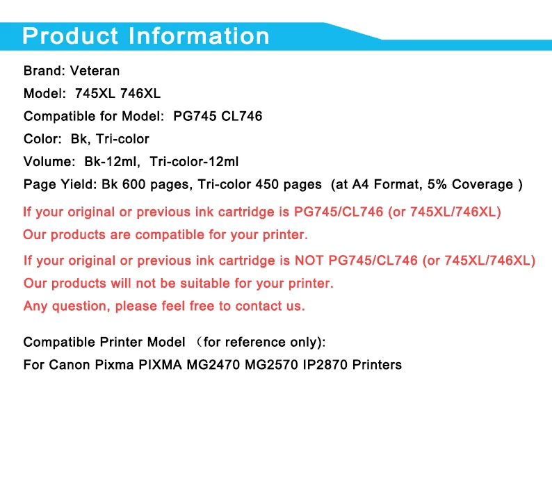 Veteran заправка CL746 PG745 Совместимость с Canon PG 745 PG-745 чернильный картридж Pixma MG2470 MG2570