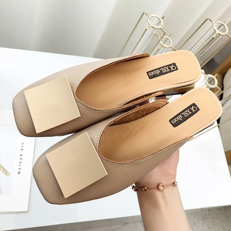 Summer Sandals Elegant Leather Mules Women Mules Shoes Ladies Slippers Low Heels Outdoor Slippers Slides Chaussures Femme