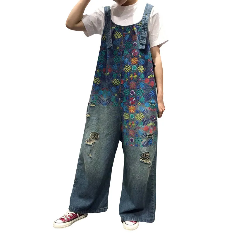 

Women Retro Printed Hole Made Old Korean Bib Female Fashion Simple Loose Jumpsuit Ladies Wide Leg Jeans