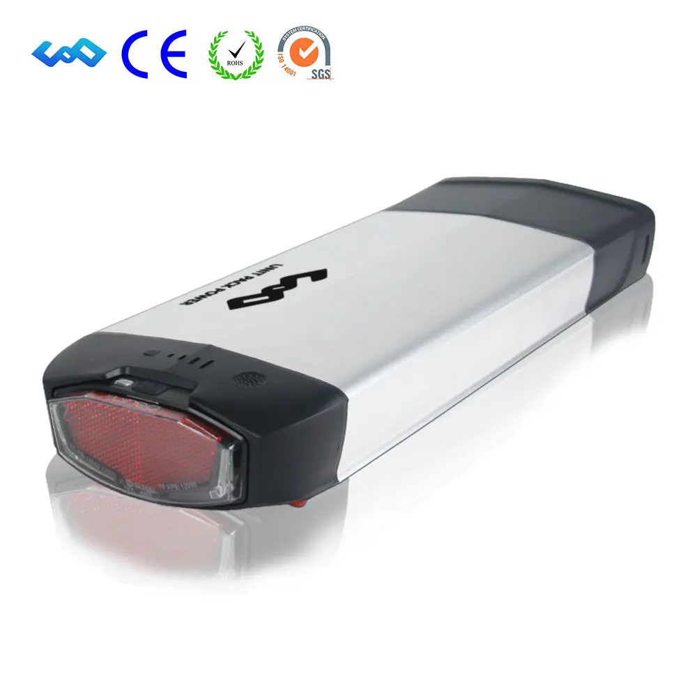 Е-байка 36В 13Ah задний стеллаж для выставки товаров Батарея для Bafang BBS01 500W 350 W, фара для электровелосипеда в Батарея с хвостом светильник - Цвет: Silver