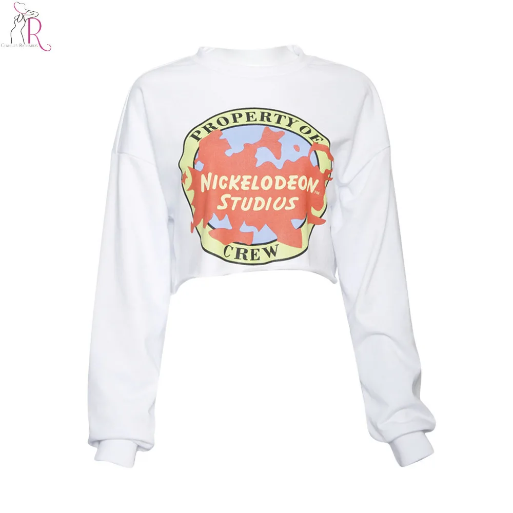 Белые буквы принт спереди необработанный низ Укороченный свитшот Для женщин