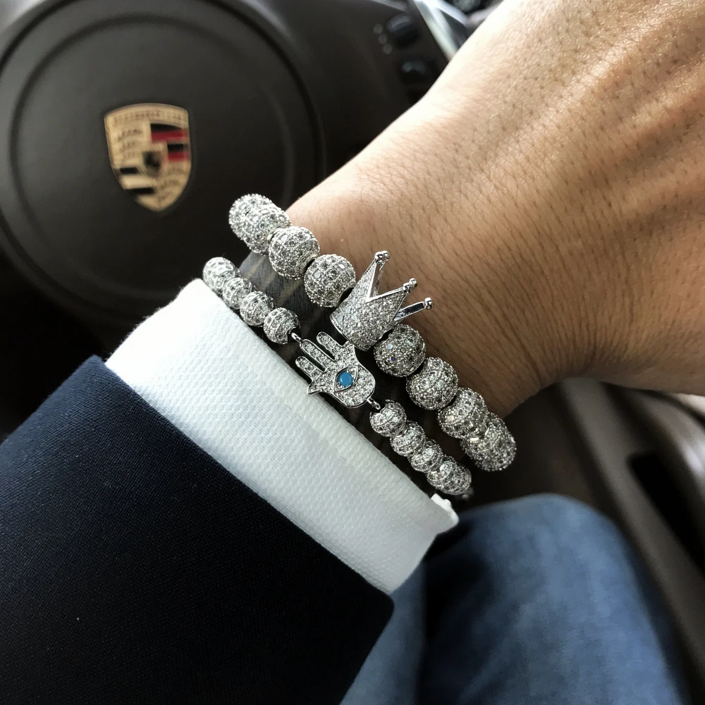 Men Bracelet/Rose Gold/Bracelets Pave Setting White CZ Ball Bracelet with 6mm 8mm Stainless Steel Bead Braided Luxury Jewelry | Украшения и
