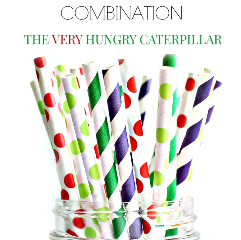 

100pcs Mixed Colors VERY HUNGRY CATERPILLAR Party Paper Straws,Lime and Red Polka Dot,Green and Purple Striped,Christmas,Cheap
