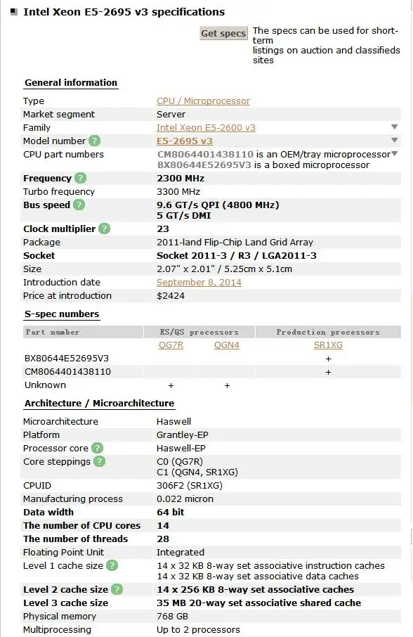 E5 2695 V3 Intel Xeon QS версия E5-2695V3 2,3 ГГц 35 м 14 ядер 22NM E5-2695 V3 120W процессор E5 2695V3