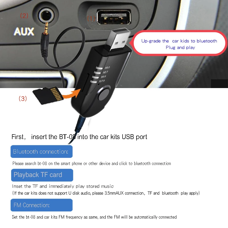 Автомобильный Bluetooth приемник 3 в 1 USB 5 мм FM передатчик поддержка TF карты