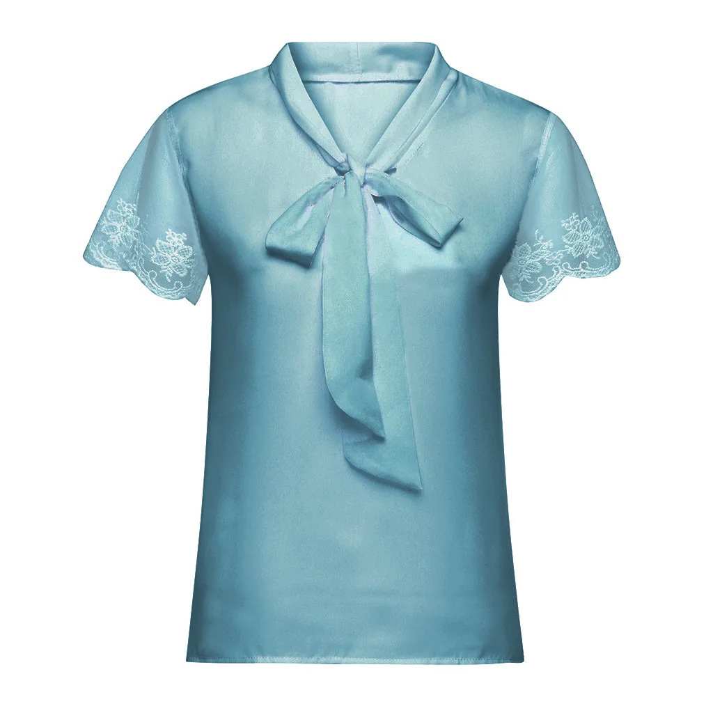 Blouse Women Summer Work Office Lace Top Bow Tie Short Sleeve Chiffon Shirt Chemisier Femme Womens Tops And Blouses | Женская одежда