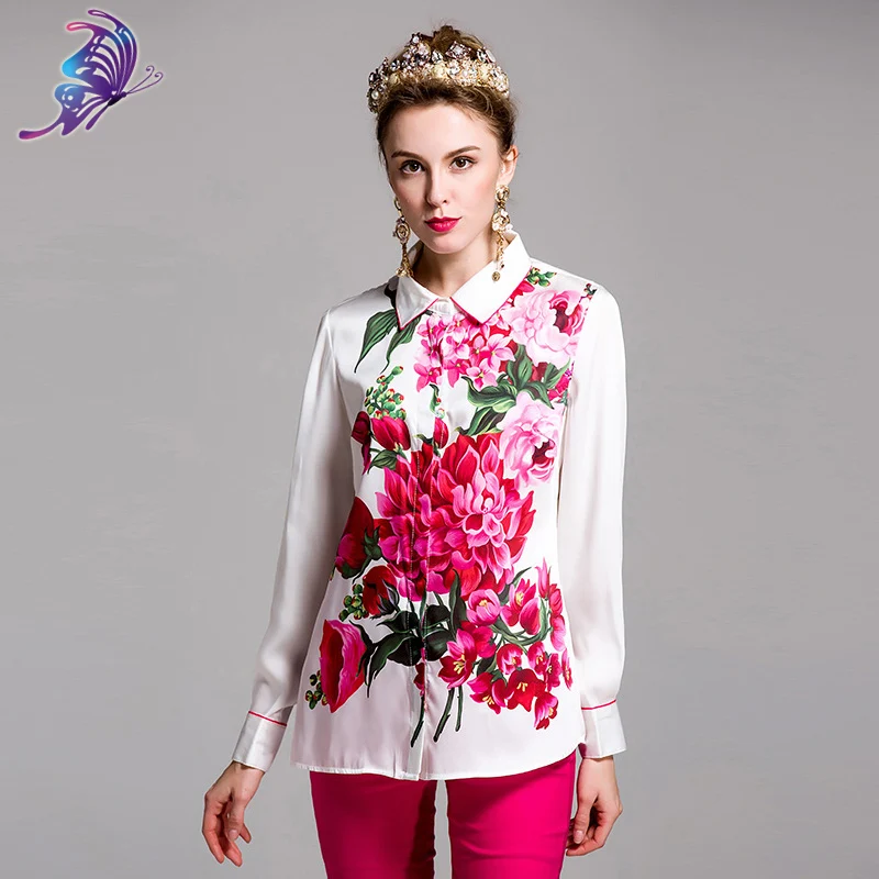 Женская блузка с длинным рукавом модельная цветочным принтом и отложным