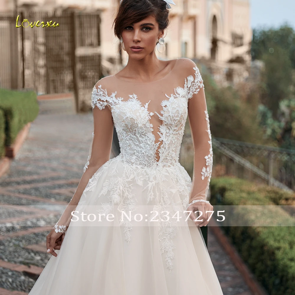

Loverxu Sexy Illusion Long Sleeve A Line Wedding Dresses 2020 Luxury Applique Lace Court Train Vintage Bridal Gowns Plus Size