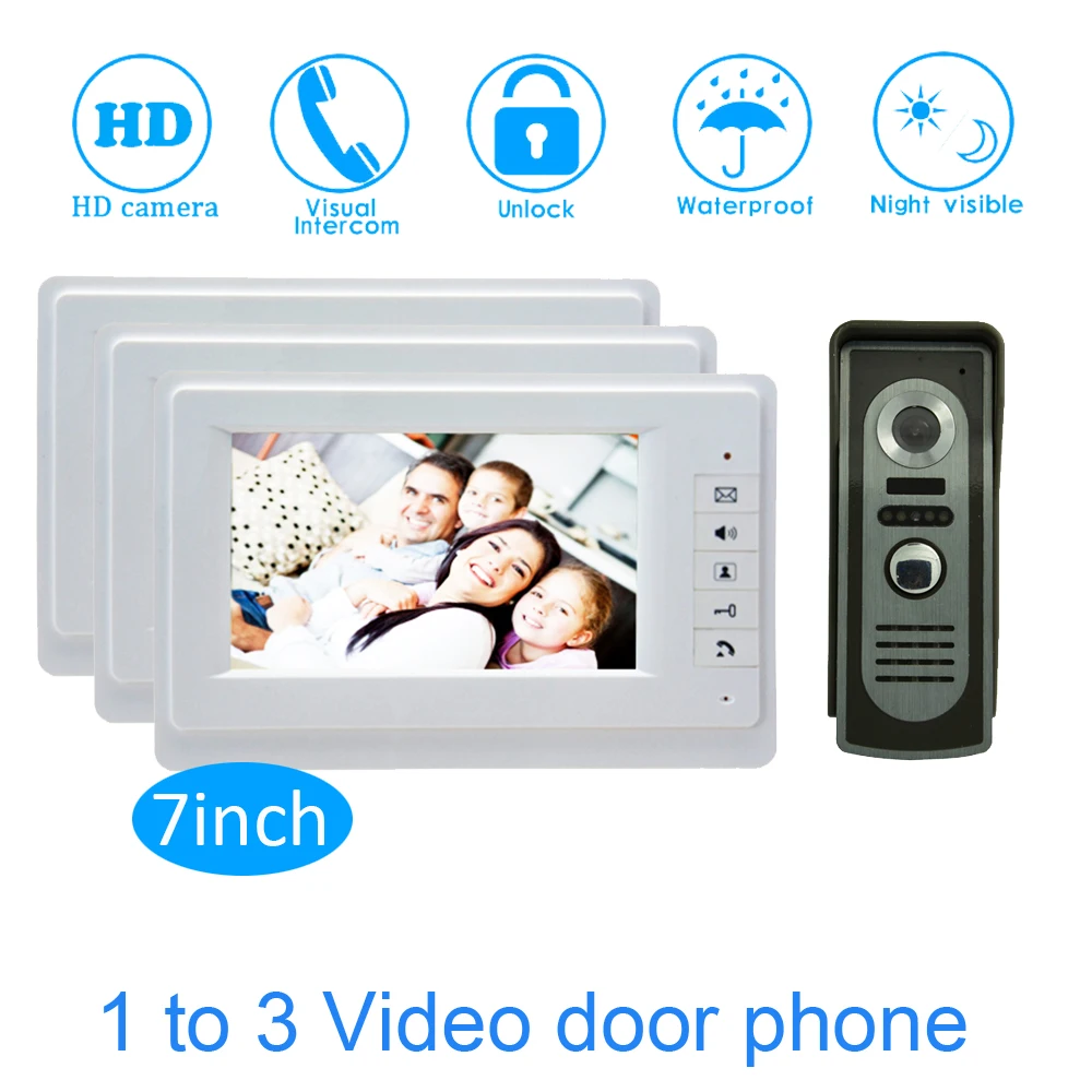 

Family one to three video door phone system 7'' Monitor LCD Panel wire type Water proof function Smart Doorbell intercom