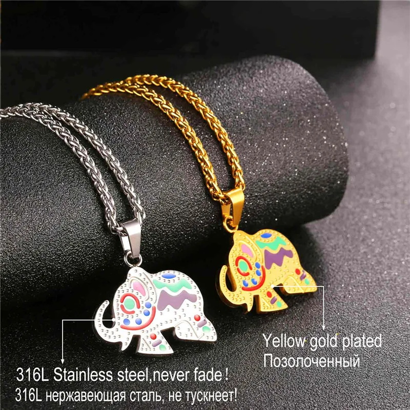 Милый слон ожерелье женщин Шарм кулон золотой цвет нержавеющая сталь красочные
