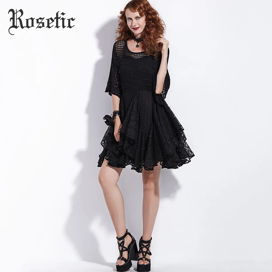 Rosetic Gothic Dress Women Black Summer A-Line Lace Hollow Flare Sleeve Double Casual Party Fashion Sexy Goth Female Dresses | Женская