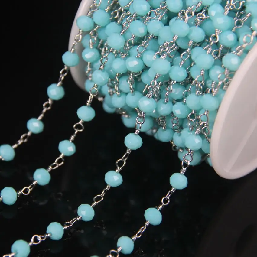 

5Meters Silver Plated Light Blue Glass 4x6mm Faceted Rondelle Beads Rosary Chain,Glass Beading With Brass Wire Wrapped Chains