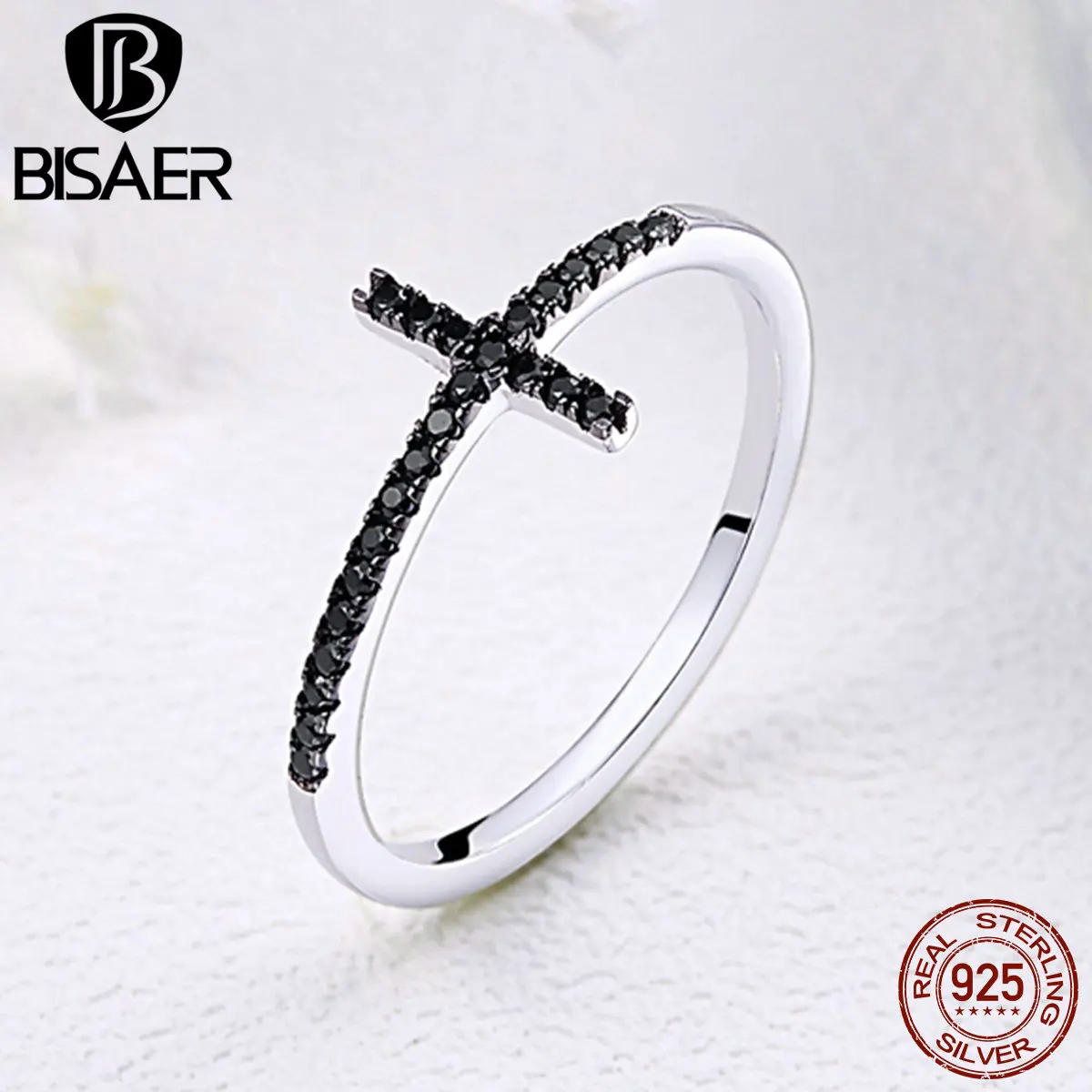 BISAER Настоящее 925 пробы серебро вера крест черный CZ женские кольца на палец женское кольцо из стерлингового серебра ювелирные изделия Anel ECR067