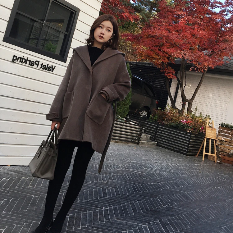 Women wool coat Office Lady Hooded Women Wool Blend Coat Double Breasted Solid Cashmere Jacket Slim Regular Ladies Coats C338