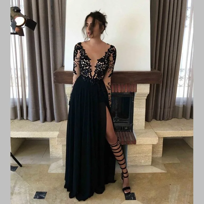 Vintage Sheer Black Prom Dresses Long Sleeve Cheap 2017 Sexy Illusion Party Dress Lace Appliques vestido de festa For | Свадьбы и