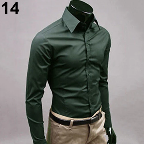 Dark Green Мужская модная повседневная однотонная приталенная рубашка с длинными рукавами ярких цветов - Цвет: Dark Green