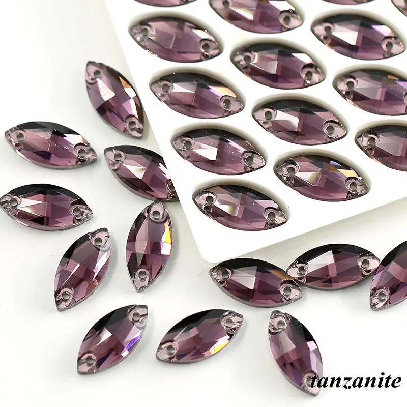 tanzanite 7*15 мм, конский глаз, серебряная основа, 2 отверстия, пришитые стразы, бисер, швейный кристалл, камень для украшения для одежды - Цвет: tanzanite