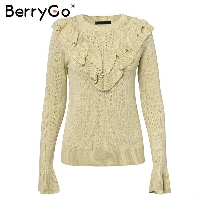 BerryGo элегантный оборками выдалбливают Белый свитер для женщин уличная тонкий