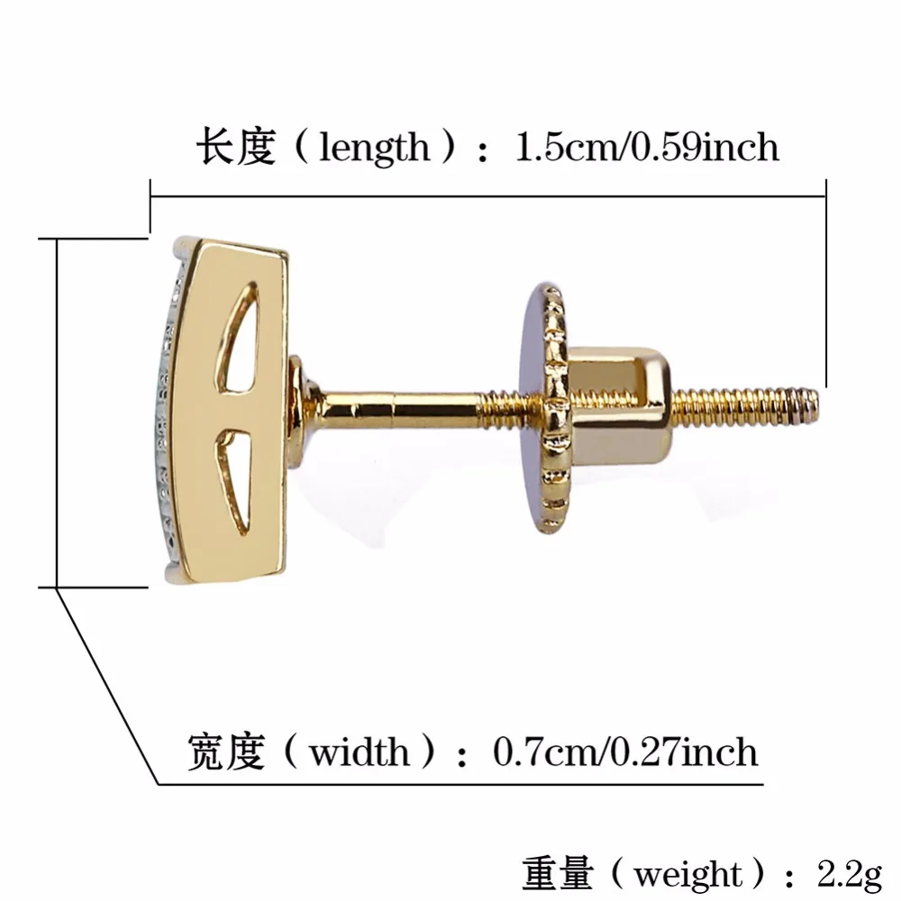 Mens Hip Hop Stud Earring AAA+ CZ Zircon Ice Out Bling Gold Color Copper Geometric Square Earrings Men Hiphop Rapper Jewelry | Украшения и