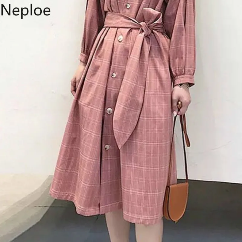 Neploe клетчатое женское платье осень 2019 корейский v-образный вырез длинный рукав