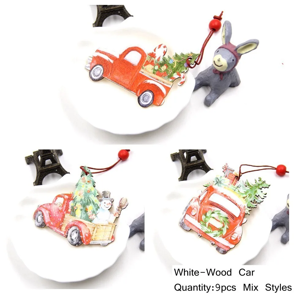 9pcs Mix-W-Car 9 шт./лот, креативный Печатный автомобиль, рождественский подарок, Деревянные Подвески, украшения из дерева, детские игрушки, елочные украшения, украшения - Цвет: 9pcs Mix-W-Car