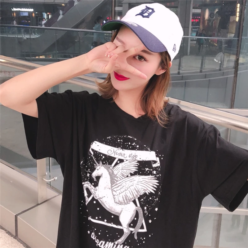 Harajuku Black Women T-shirt 2018 Unicon Star Printing Aesthetic Summer Tee Shirt Femme Casual Loose Tshirt | Женская одежда