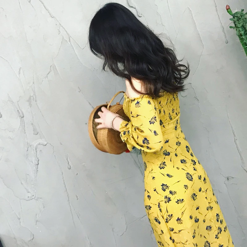 

2019 summer Chiffon Floral long dress women vintage Ruffles Pleated dress yellow elegant Lantern Sleeve dress women