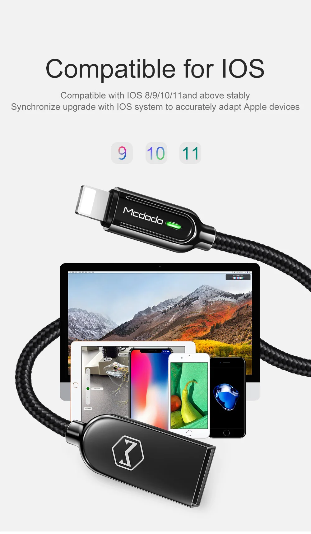 Mcdodo USB зарядный кабель светодиодный 2A для iPhone X XR XS Max 8 7 6s Plus кабель Lightning Быстрая зарядка данных Авто отсоединить кабель