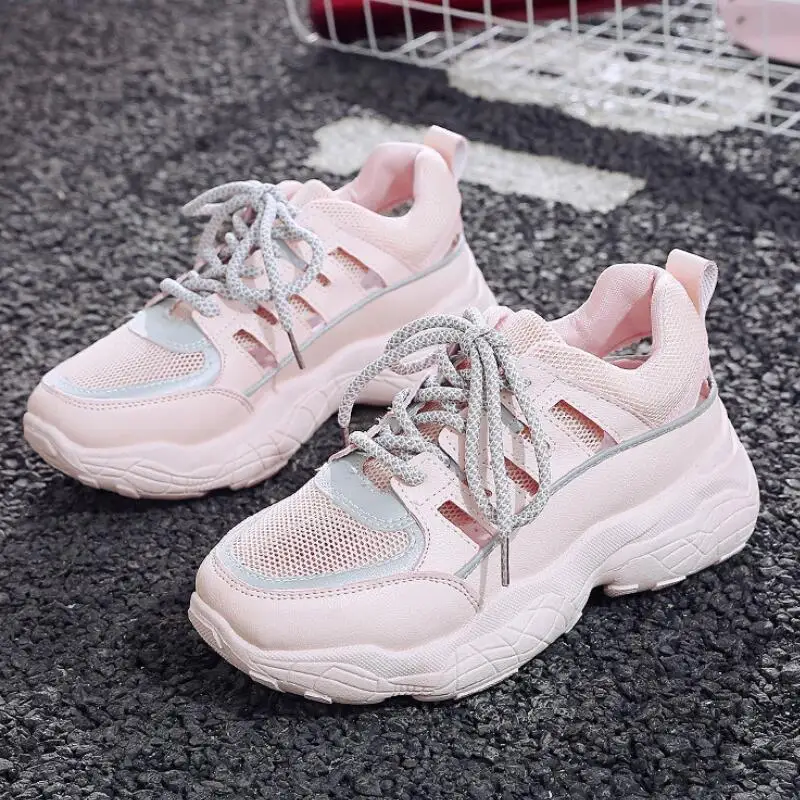 Ажурная женская обувь Sneakerss новинка 2019 года летняя в Корейском стиле на толстой