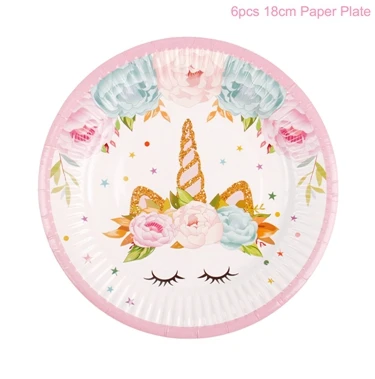 6pcs 7inch Plate Huiran одноразовая посуда с единорогом, бумажные тарелки, чашки с единорогом, декор для вечеринки на день рождения, Детские принадлежности для вечеринки, для девочек - Цвет: 6pcs 7inch Plate