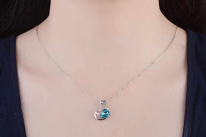 Fashion 925 Silver Blue Crystal Zircon Cute Animal Swan Pendant Necklace For Girls Women Short Clavicle Gift Jewelry | Украшения и