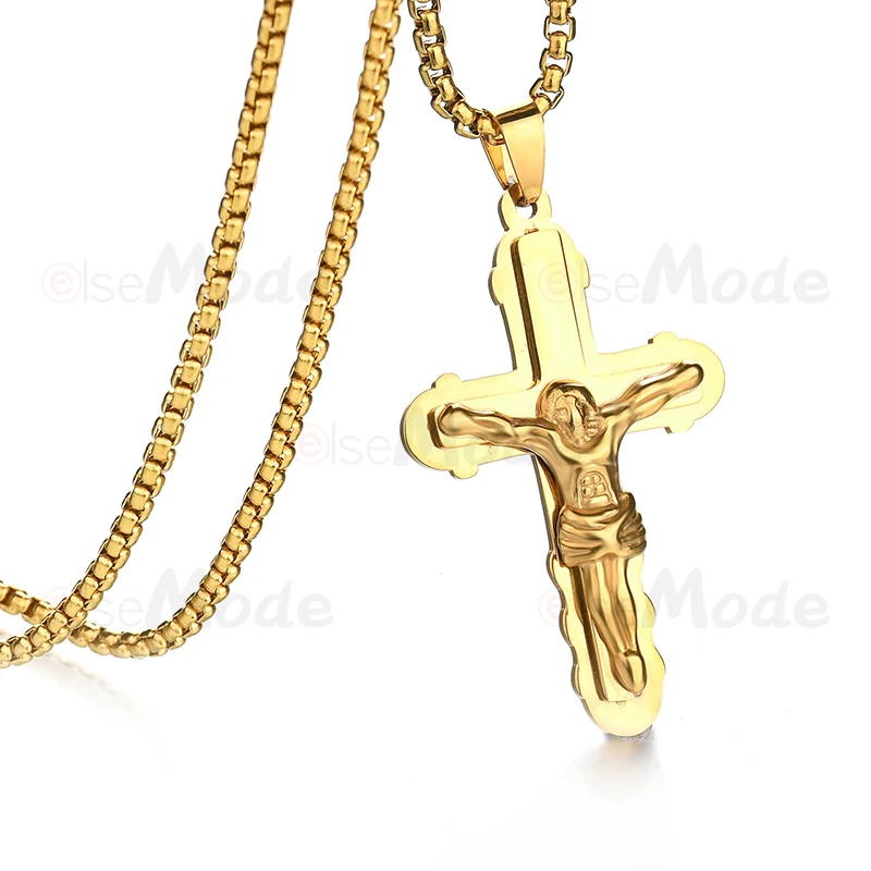 ELSEMODE Cross Necklace Crucifix Pendant Gold Color 316L Stainless Steel Catholic Chain Necklace&ampPendants for Men Jewelry Gift |