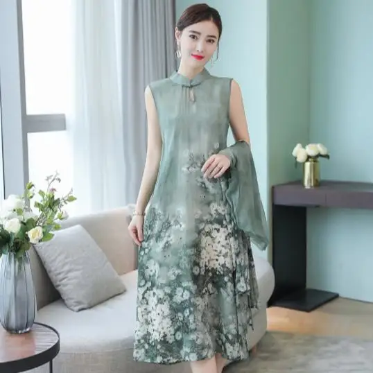 Зеленое летнее осеннее новое платье в китайском стиле ретро с воротником стойкой