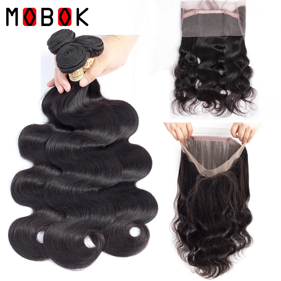 MOBOK 360 Frontal With Bundles Body Wave Brazilian Non Remy Human Hair Weft Weave Pre Plucked Lace Bundle | Шиньоны и парики