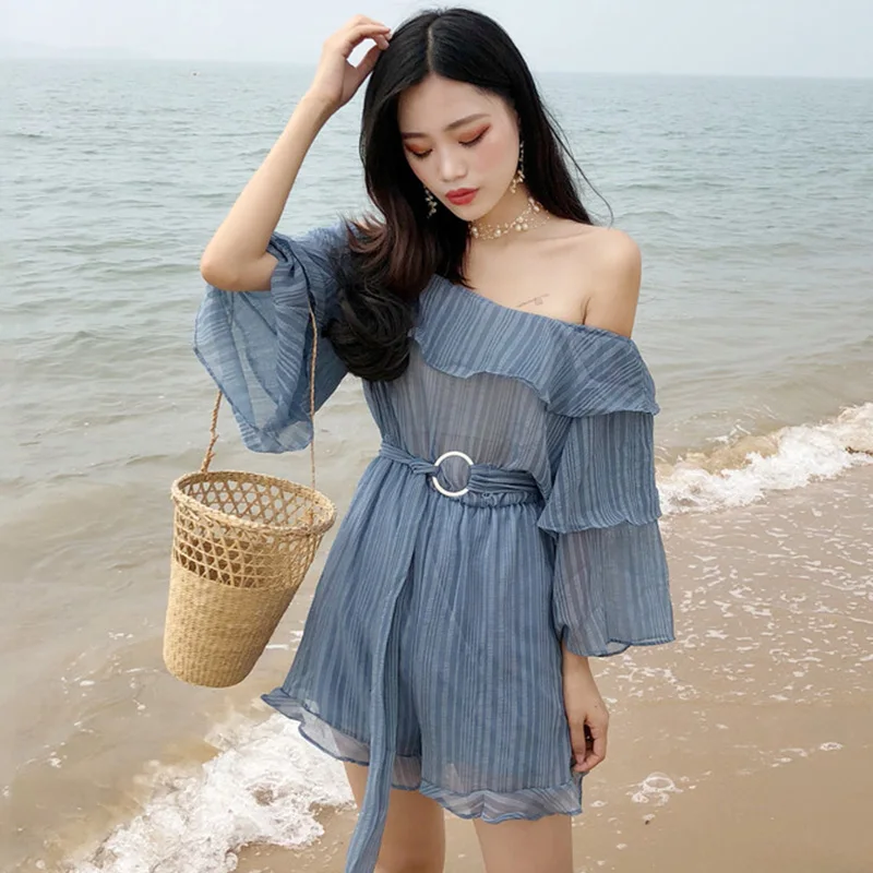 Perspective Temperament Chiffon Playsuits Summer Romper Loose Ruffles Off Shoulder Top Beach Vacation Solid Color Shorts | Женская