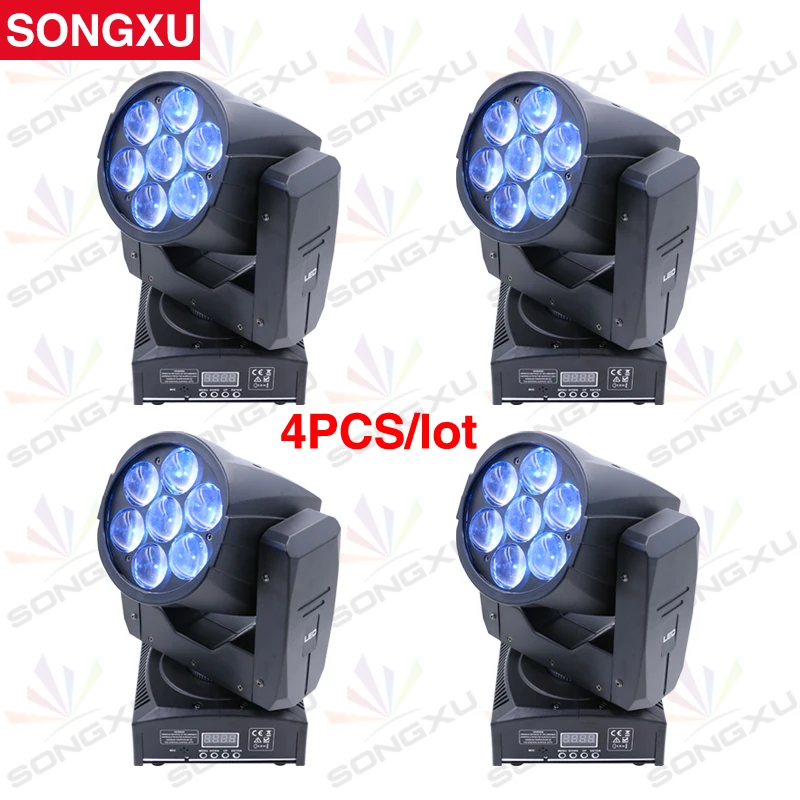 4 шт./лот SONGXU LED Moving Head Zoom Light 16 DMX Channel 7*12 Вт RGBW 4IN1 смешивание цветов DJ Освещение