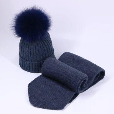 Dark Blue YWMQFUR зимние теплые наборы шапка с шарфом для женщин однотонная винтажная вязаная Дамская шапка Skullies с лисьим меховым шариком женские шапочки шапки шарфы - Цвет: Dark Blue