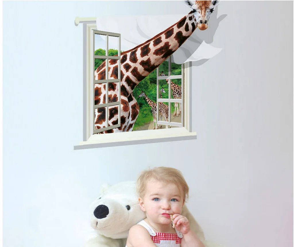 2017 New 3D Jungle Animals Wall Stickers Decals Deer Forest Zoo Park Wallpaper Mural Girls Boys Kids Family Bedroom School Decor | Дом и сад