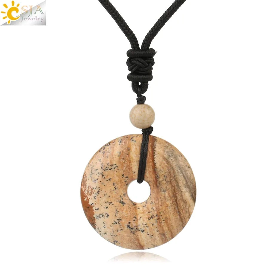 Picture Jasper Csja натуральные драгоценные камни подвеска-пончик ожерелья для девочек рейки розовый кристалл тигровый глаз зеленый авантюрин мох Агаты для мужчин веревка S458 - Окраска металла: Picture Jasper