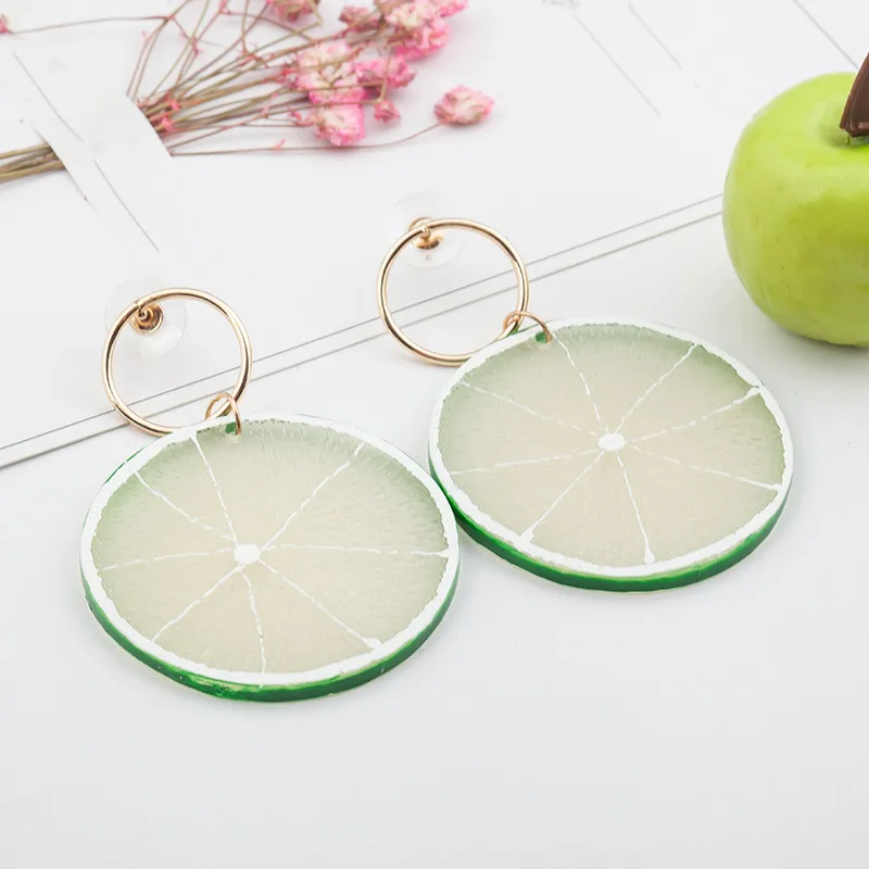 2018 summer style cute lovely fruit orange long drop earring exaggerated acrylic gold color big round lemon accessories | Украшения и