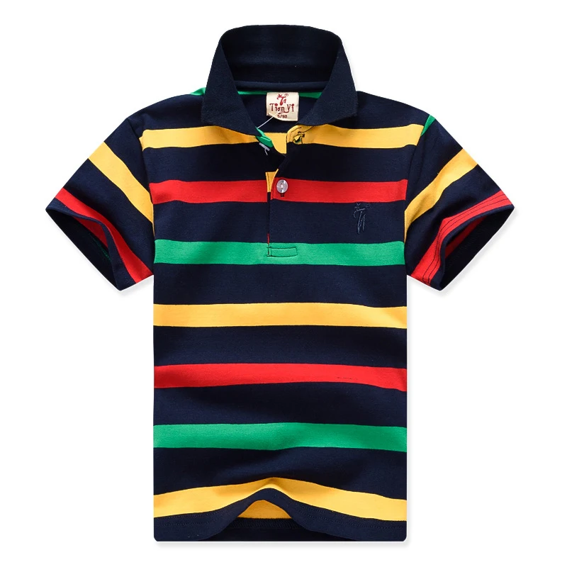 

1-7Yrs Kids Boy Tops Summer Rainbow Stripes Cotton Children Short Sleeve T shirt Turn-down Collar T Shirts Casual Boys Clothes