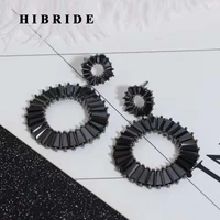 hibride luxury big circle pendant drop earrings women jewelry black and clear aaa cubic zircon brincos e 892