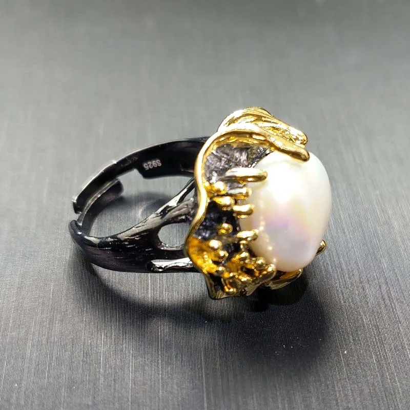 YBO, Big supper ring natural irregular pearl ring in 925 sterling silver with gold plated beautiful hand made hypebole big ring