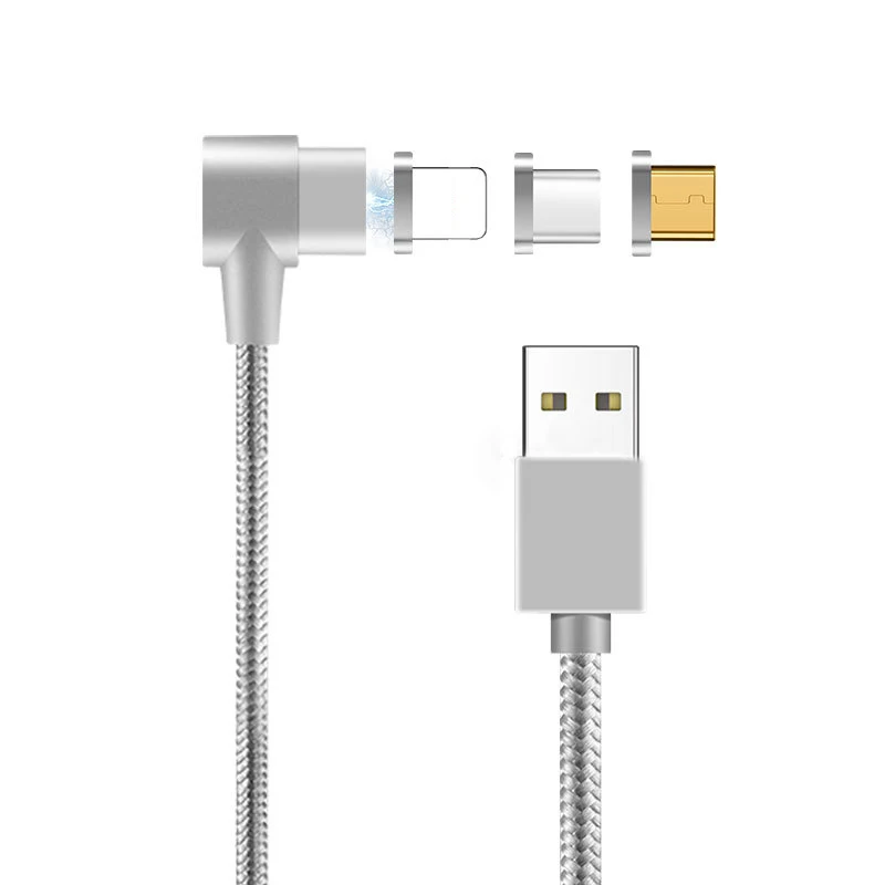 3 in 1 Silver 90 градусов прямоугольный usb type C/IOS/Micro USB 3 в 1 Магнитный зарядный кабель быстрое зарядное устройство нейлоновый Плетеный Магнитный зарядный кабель - Тип штекера: 3 in 1 Silver