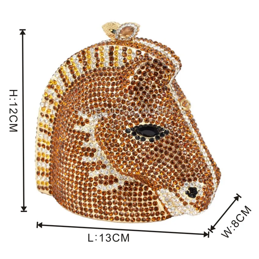 Роскошный вечерний клатч с кристаллами и лошадиной головой Золотая вечерняя